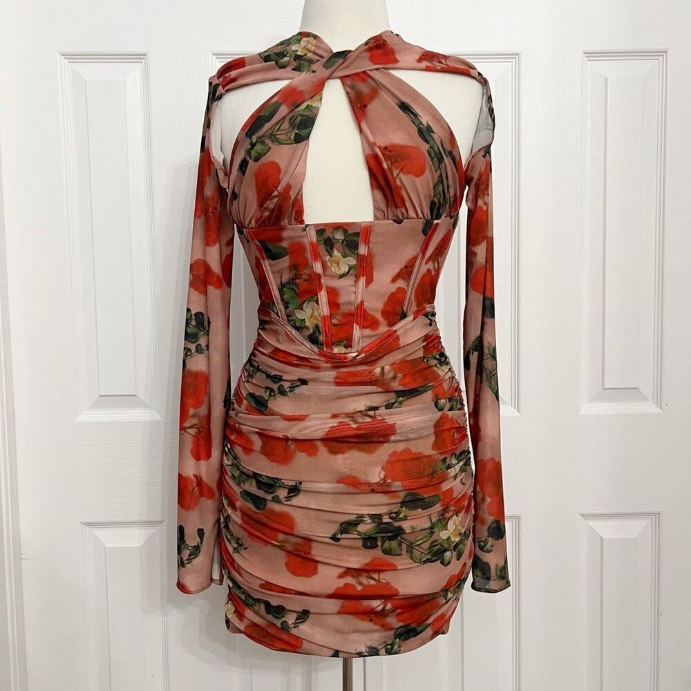 House of CB Womens‎ Floral Ruched Long Sleeve Bodycon Corset Dress Size Small